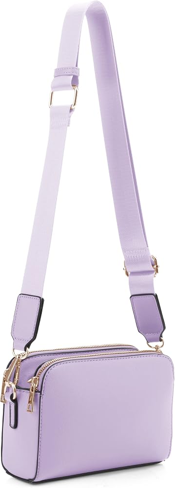 Crossbody Bags Trendy Small Crossbody Camera Bag Purse Vegan Leather Triple Zip Crossbody Purses with Wide Shoulder Strap • Lilac