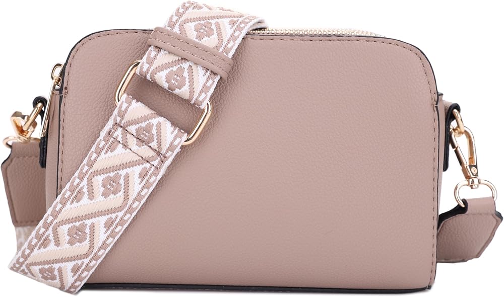 Crossbody Bags Trendy Small Crossbody Camera Bag Purse Vegan Leather Triple Zip Crossbody Purses with Extra Long Webbing Strap • Taupe