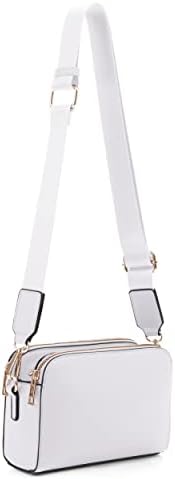 Crossbody Bags Trendy Triple Zip Small Crossbody Camera Bag Purse with Wide Guitar Strap • White