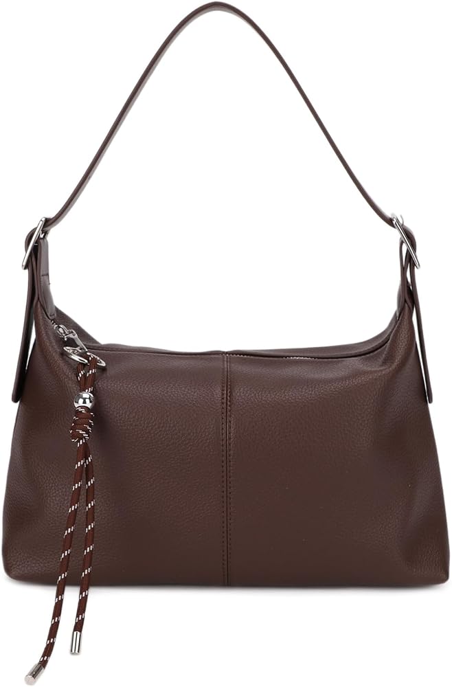 Medium Vegan Leather Shoulder Bag, Trendy Hobo Purse with Dual Adjustable Straps and Keychain Charm • Coffee