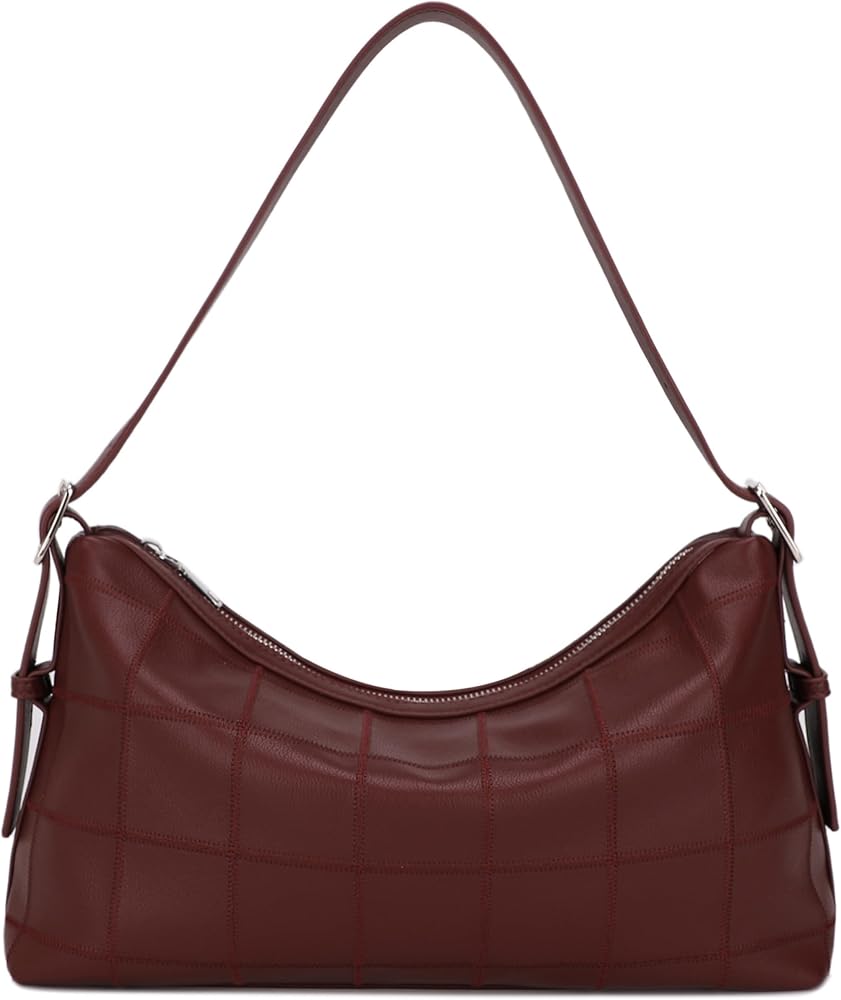 Slouchy Vegan Leather Shoulder Bag Trendy Hobo Purse_Burgundy • Burgundy