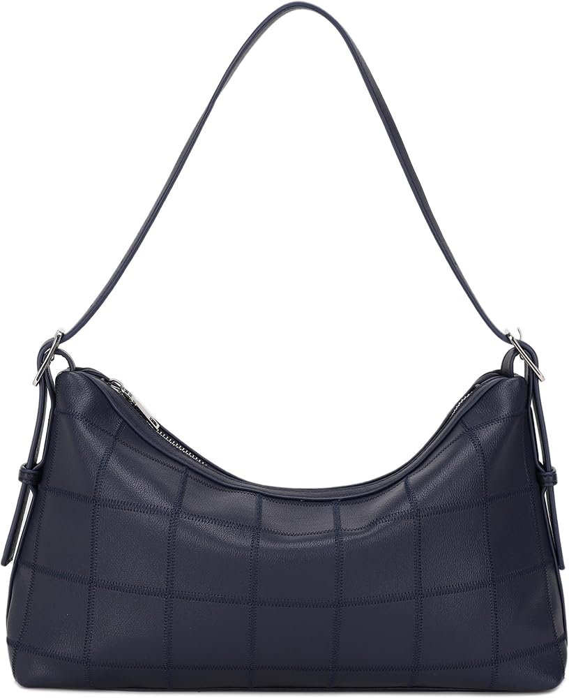 Slouchy Vegan Leather Shoulder Bag Trendy Hobo Purse_Navy • Navy