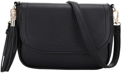 Small Crossbody Bag Trendy Flap Saddle Purses with Tassel and Adjustable Shoulder Strap • Black