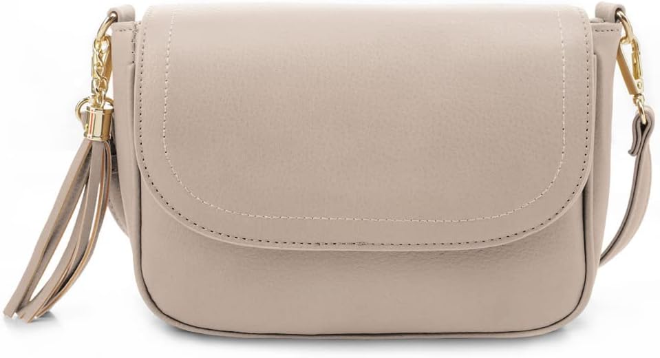 Small Crossbody Bag Trendy Vegan Leather Flap Saddle Purses with Adjustable Shoulder Strap • Stone