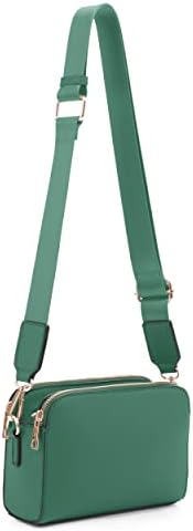 Triple Zip Small Crossbody Camera Bag with Wide Guitar Strap • Green