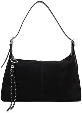Vegan Leather Suede Shoulder Bag, Medium Soft Crossbody Purse with Dual Adjustable Straps and Key Chain Charm • Black