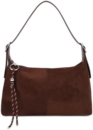Vegan Leather Suede Shoulder Bag, Medium Soft Crossbody Purse with Dual Adjustable Straps and Key Chain Charm • Coffee