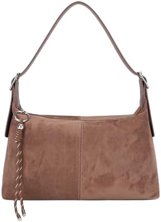 Vegan Leather Suede Shoulder Bag, Medium Soft Crossbody Purse with Dual Adjustable Straps and Key Chain Charm • Mocha