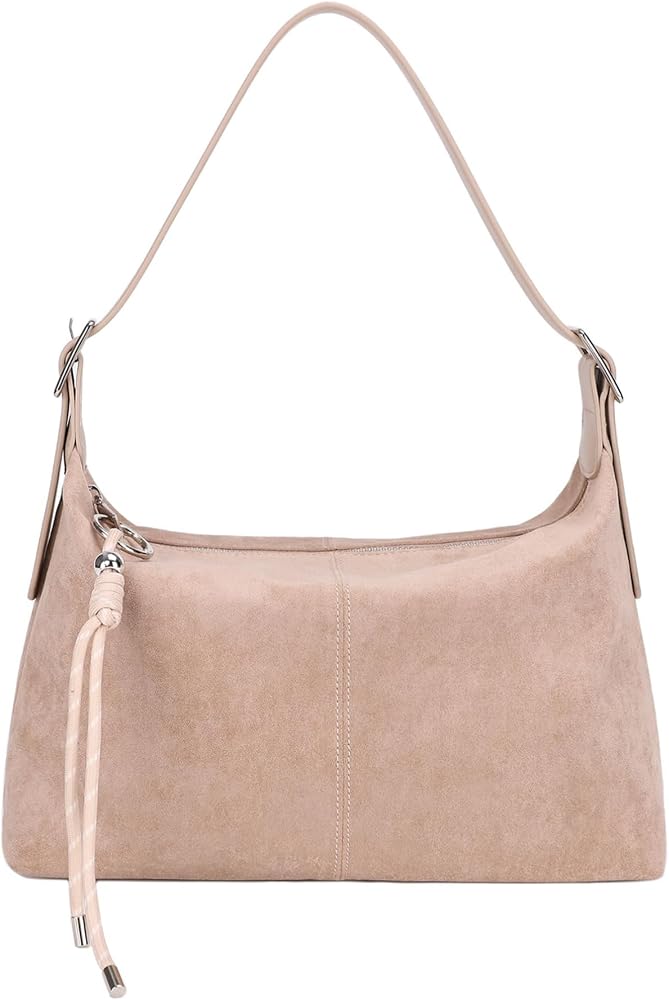 Vegan Leather Suede Shoulder Bag, Medium Soft Crossbody Purse with Dual Adjustable Straps and Key Chain Charm • Sand