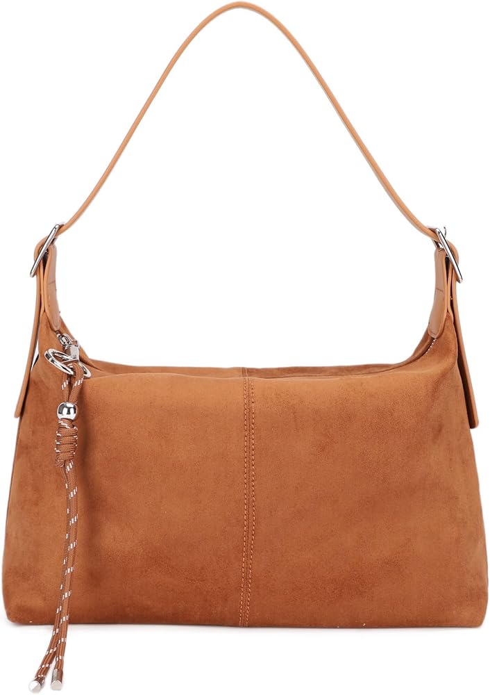 Vegan Leather Suede Shoulder Bag, Medium Soft Crossbody Purse with Dual Adjustable Straps and Key Chain Charm • Tan